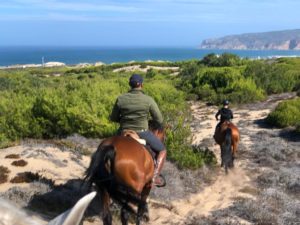 Duas pessoas andam a cavalo por uma trilha arenosa cercada por uma vegetação exuberante com vista para o mar ao longe. O tempo claro revela um horizonte onde o céu azul encontra o mar. Usando capacetes, os cavaleiros incorporam as habilidades ensinadas nas principais escolas de equitação.